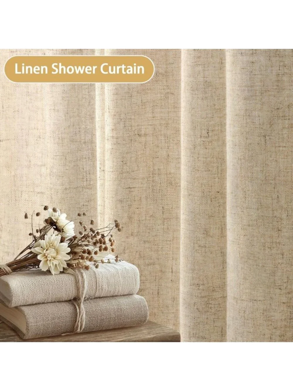 Tan Linen Shower Curtain 72x72 with Double-Sided Hooks - Elegant Home Decor